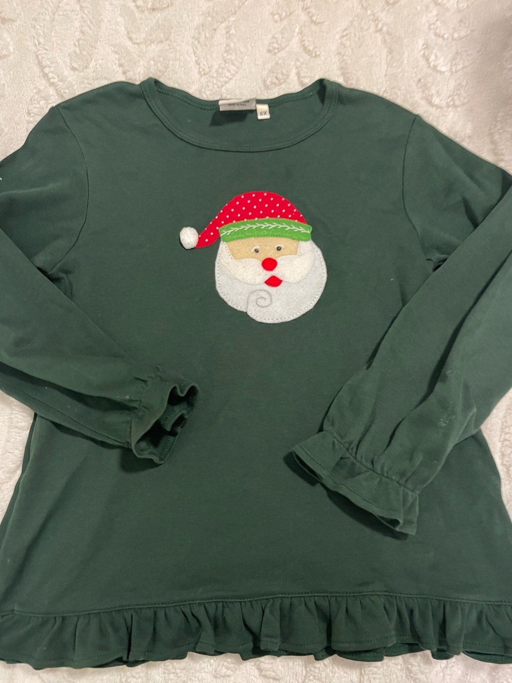 Girls' Dark Green Santa Appliqué Ruffle Long-Sleeve Top by